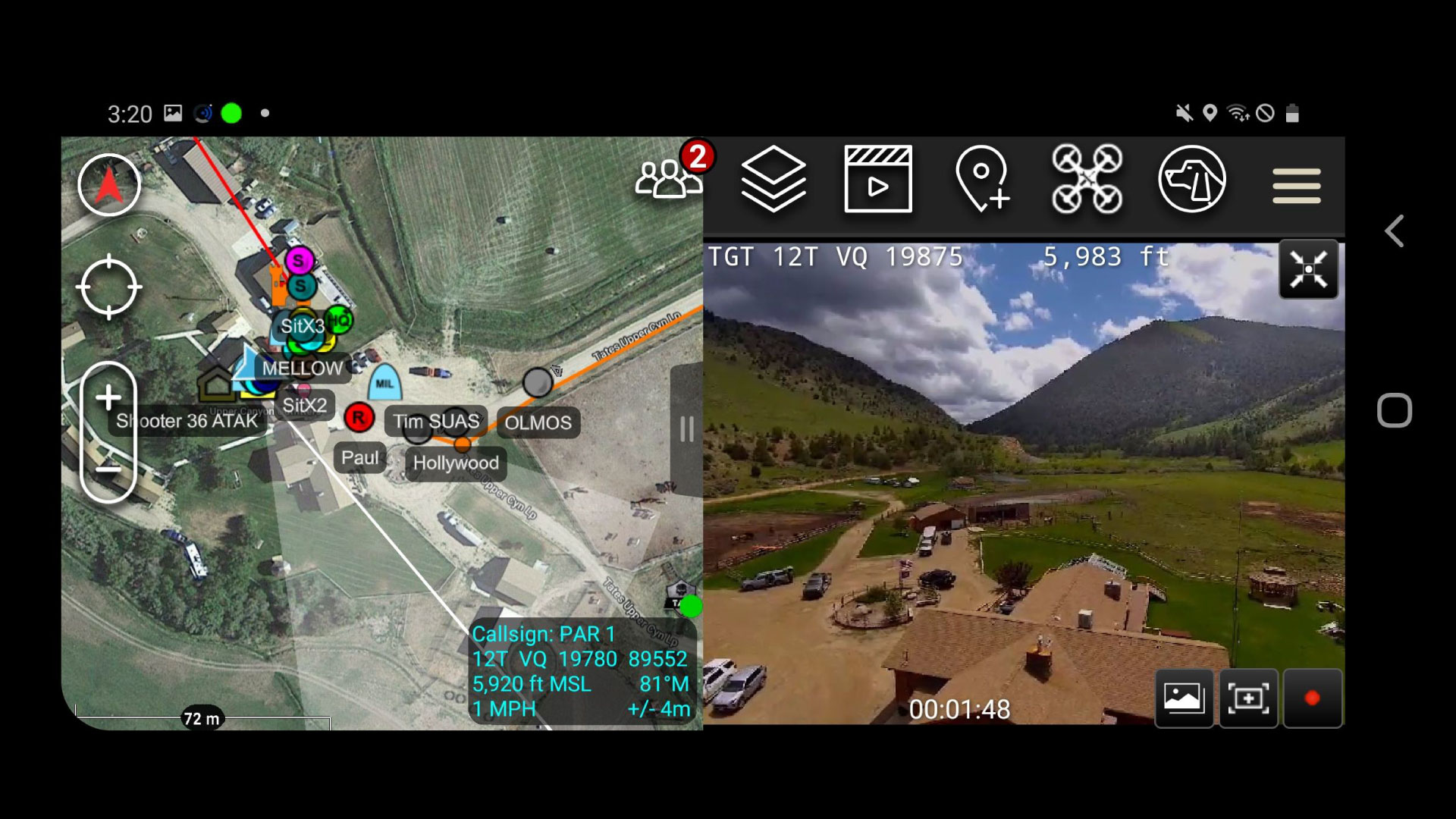 TAK features, including drone footage, viewed through a Sit(x) screen shot. Learn how Sit(x) simplifies situtional awareness.