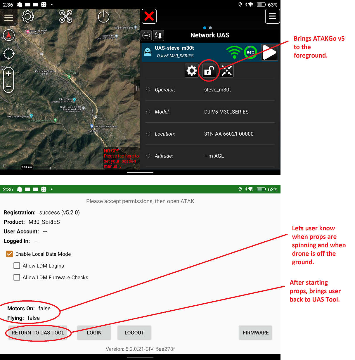 UAS Tool Screenshot showing ATAKGo v5, Lets users know when props are spinning and when drone is off the ground. 